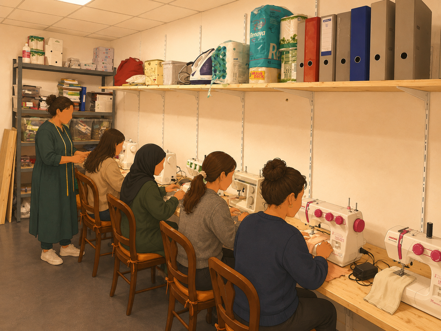 Atelier dans la salle de couture du Café Social 57